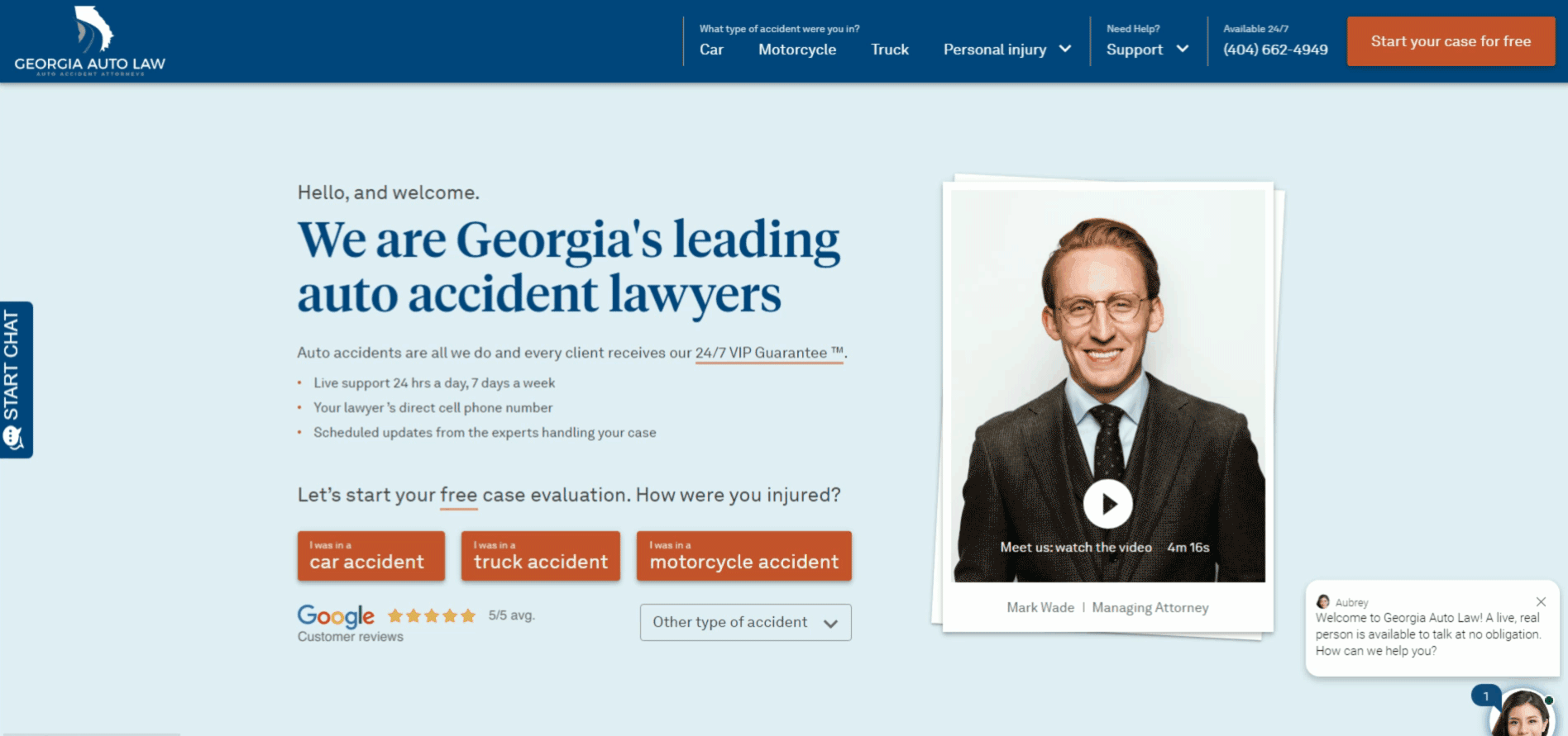 Interactive experience of the WordPress lead capture website we created for Georgia Auto Law.  