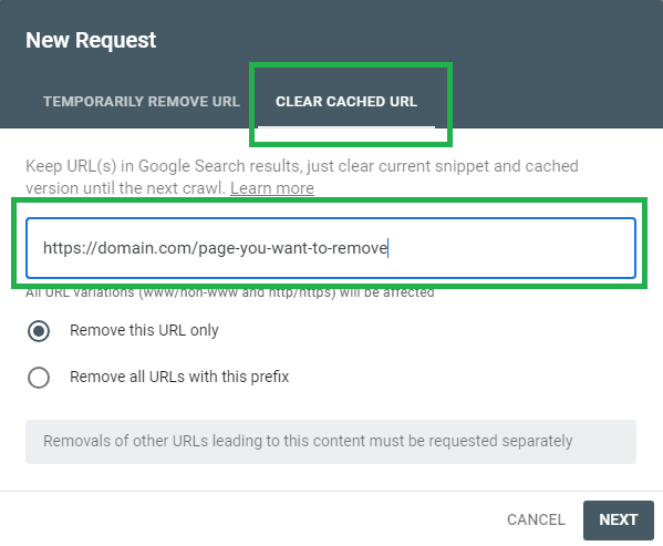 Remove cached URL in Google Search Console